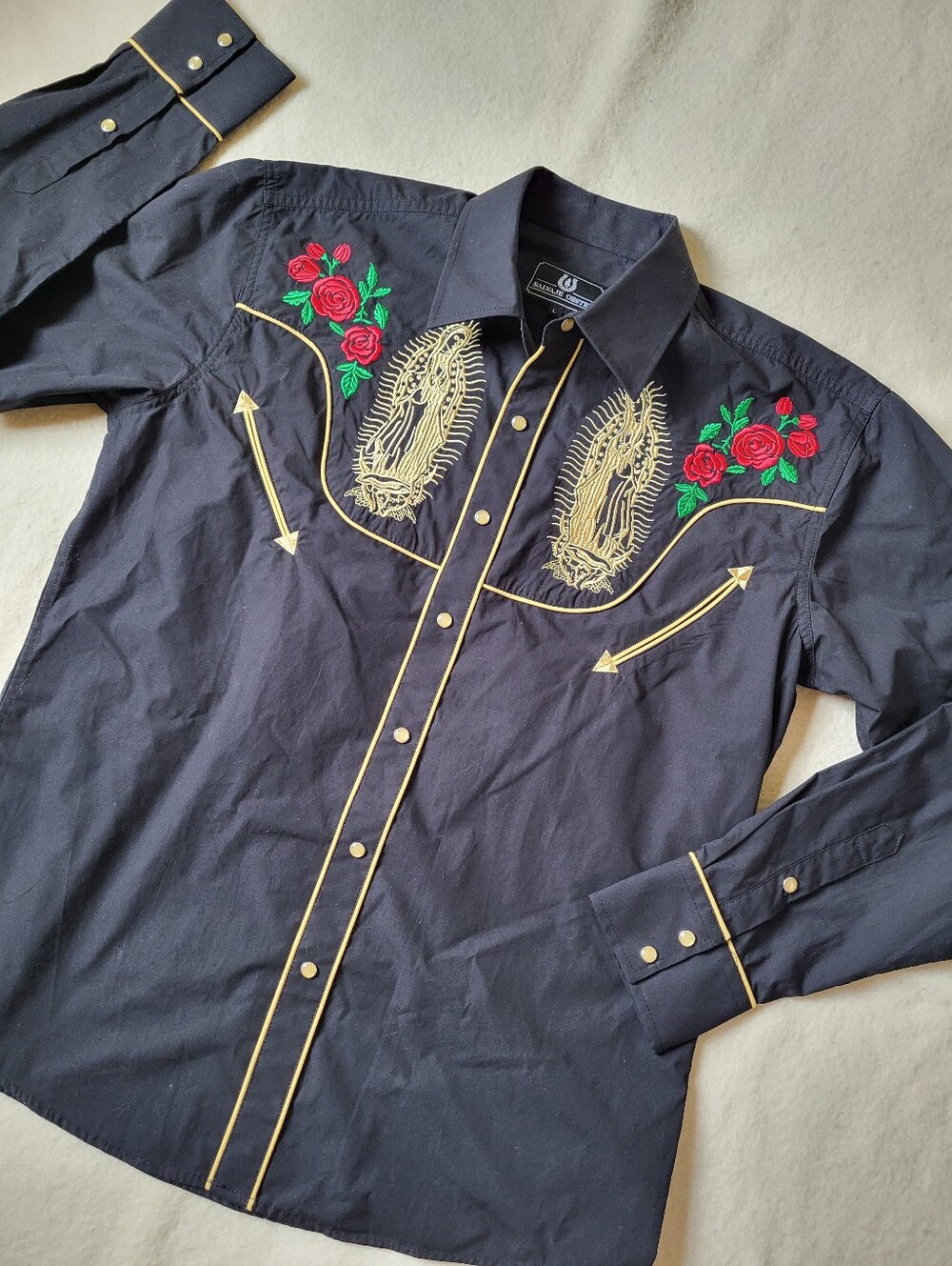 NWT Black Western Snap Shirt Men's Size L Embroidered Madonna Long-sleeved